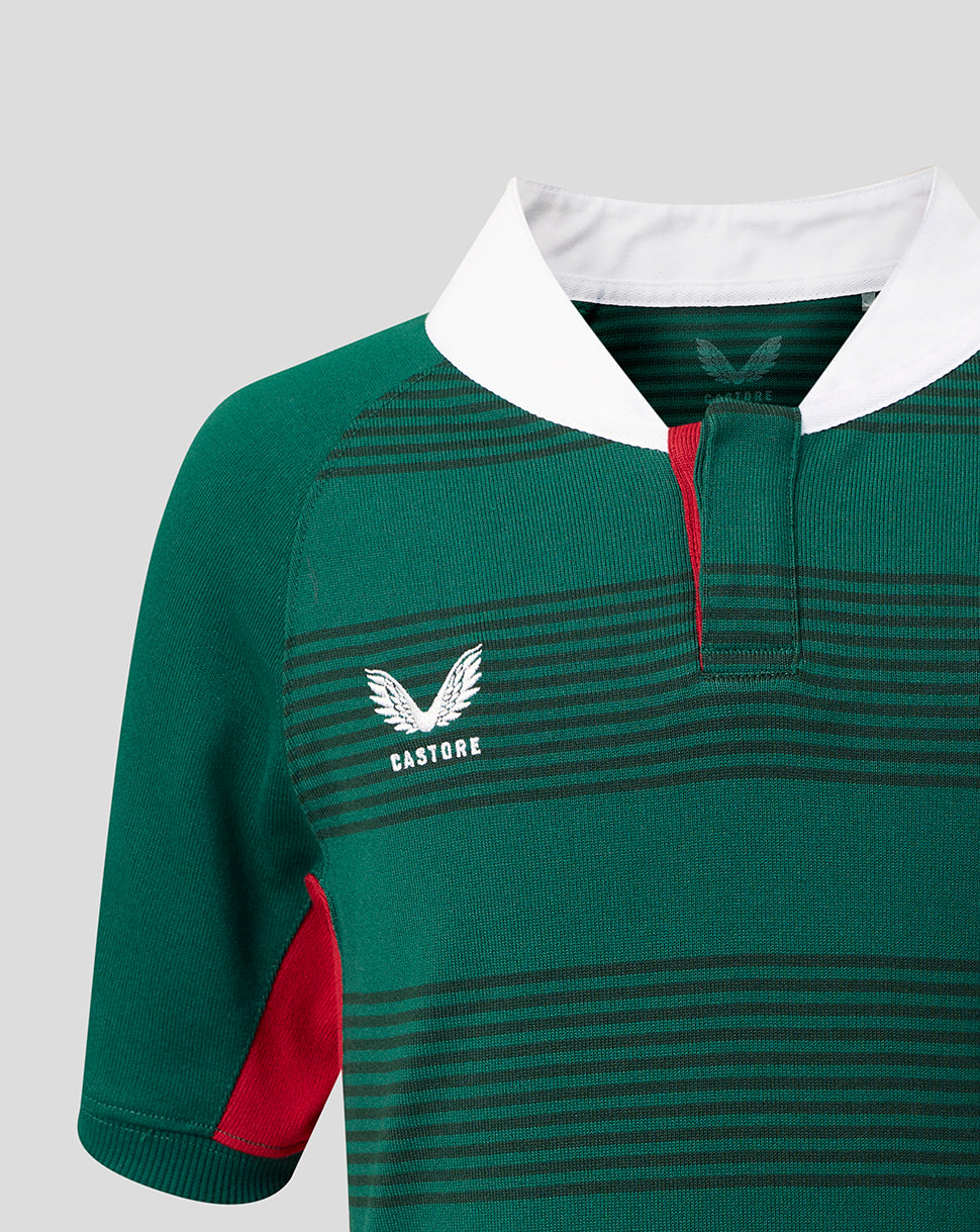 Close-up of a green rugby-style polo shirt with thin horizontal dark stripes, a white collar, red side panel accents, and a white Castore wing logo on the chest.