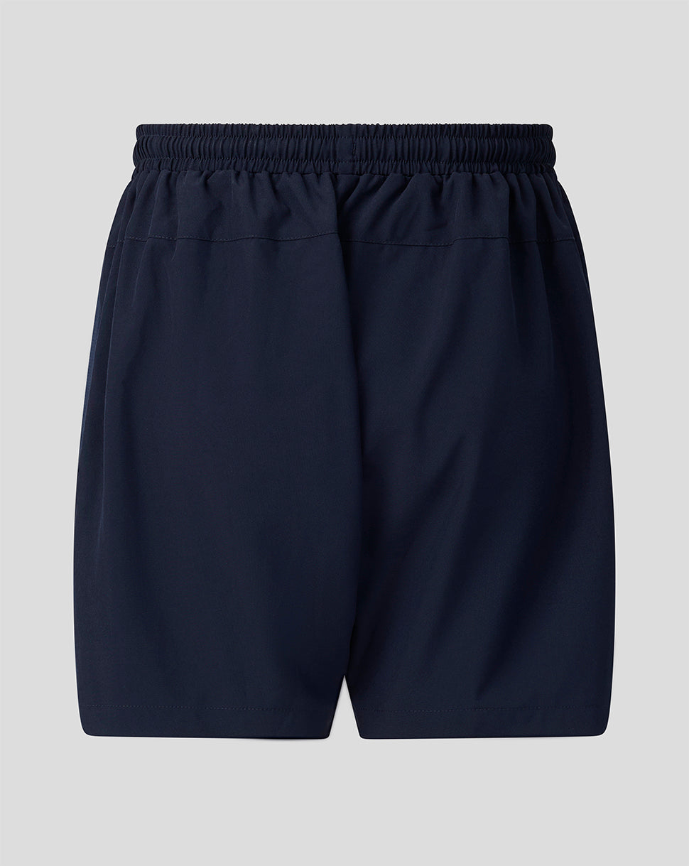 Back view of navy FC Twente junior training shorts with elastic waistband and side pockets