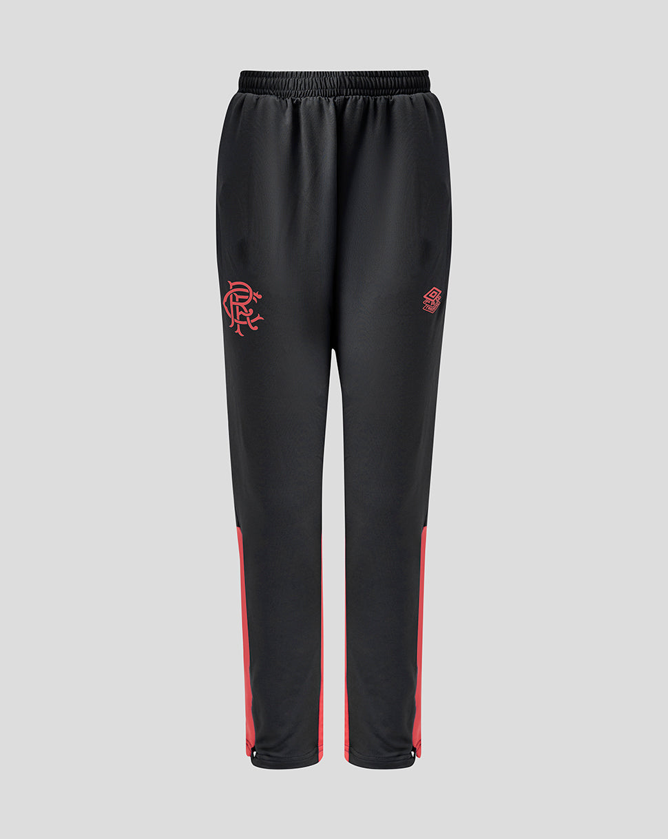 Black tracksuit pants with red accents on a light gray background