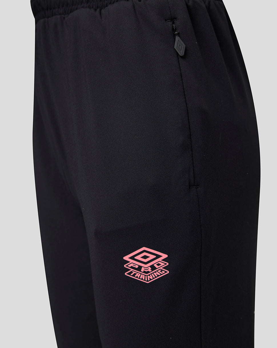 Black pants with a pink logo on a light gray background