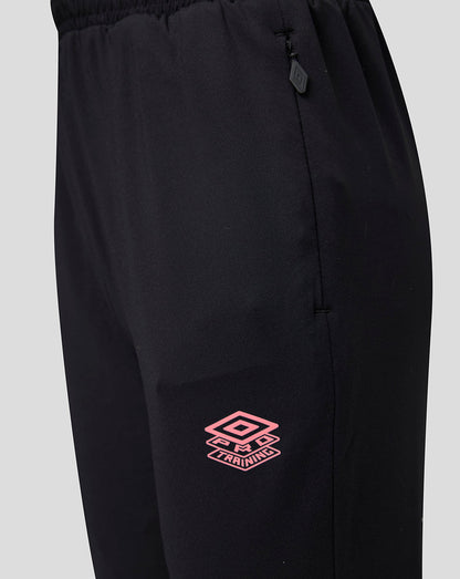 Black pants with a pink logo on a light gray background
