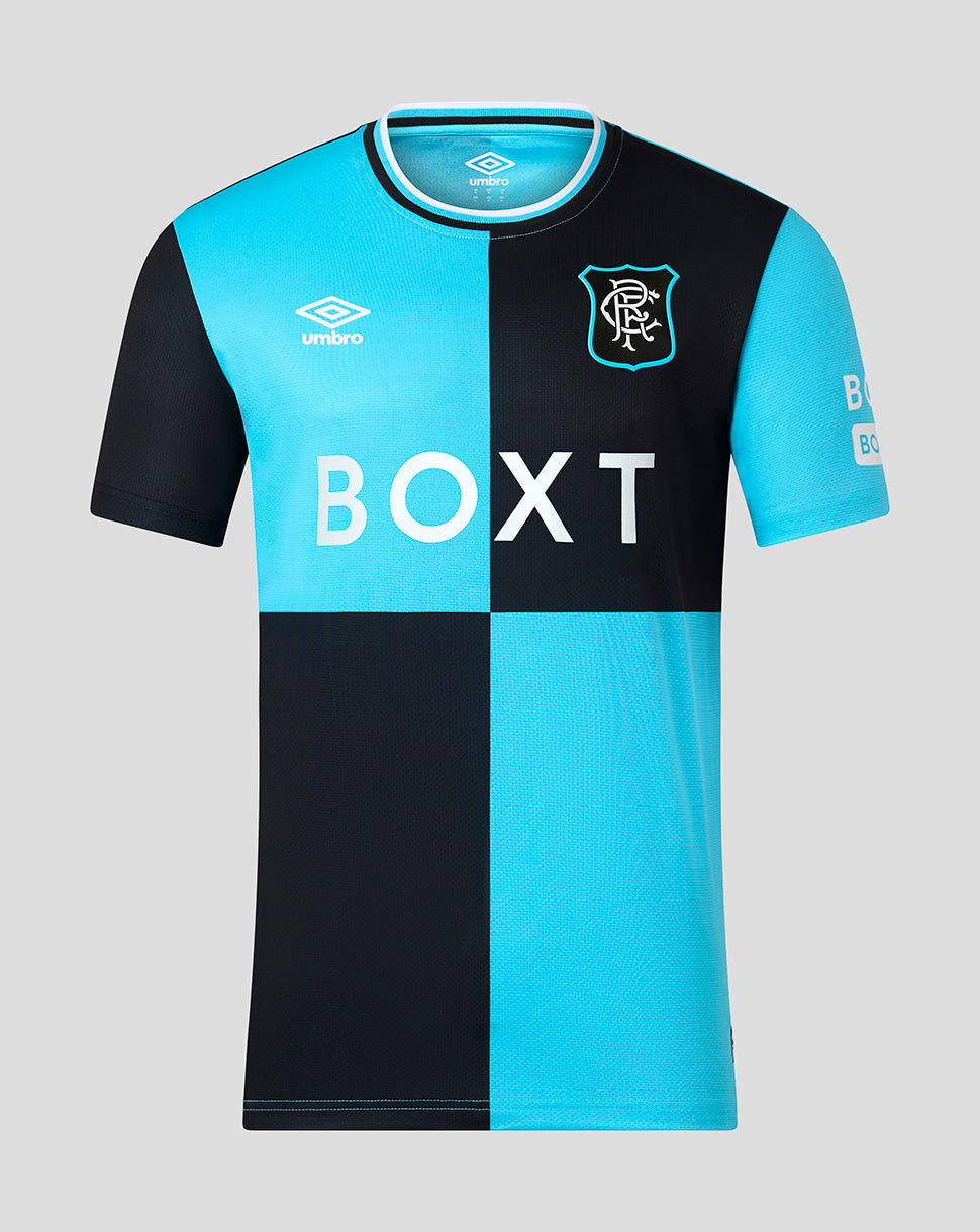 A short-sleeve soccer jersey with a vertical color-blocked design in light blue and black. The light blue sections have the Umbro logo and the FC Groningen crest, while the black sections feature the large white BOXT sponsor logo across the chest.