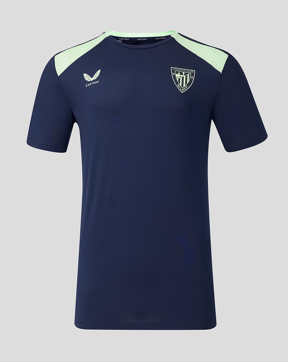 Front view of navy Athletic Club training shirt with mint shoulder panels and a club crest on the chest