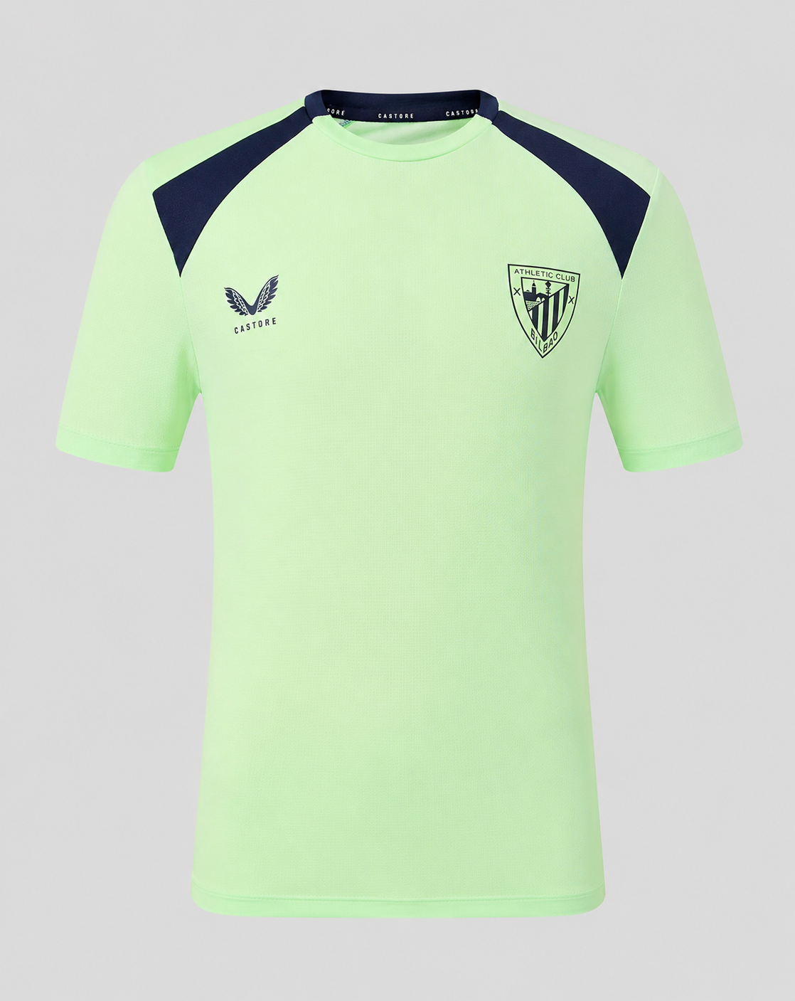 Athletic Club men's training shirt in bright green with navy shoulder panels and the club crest on the chest