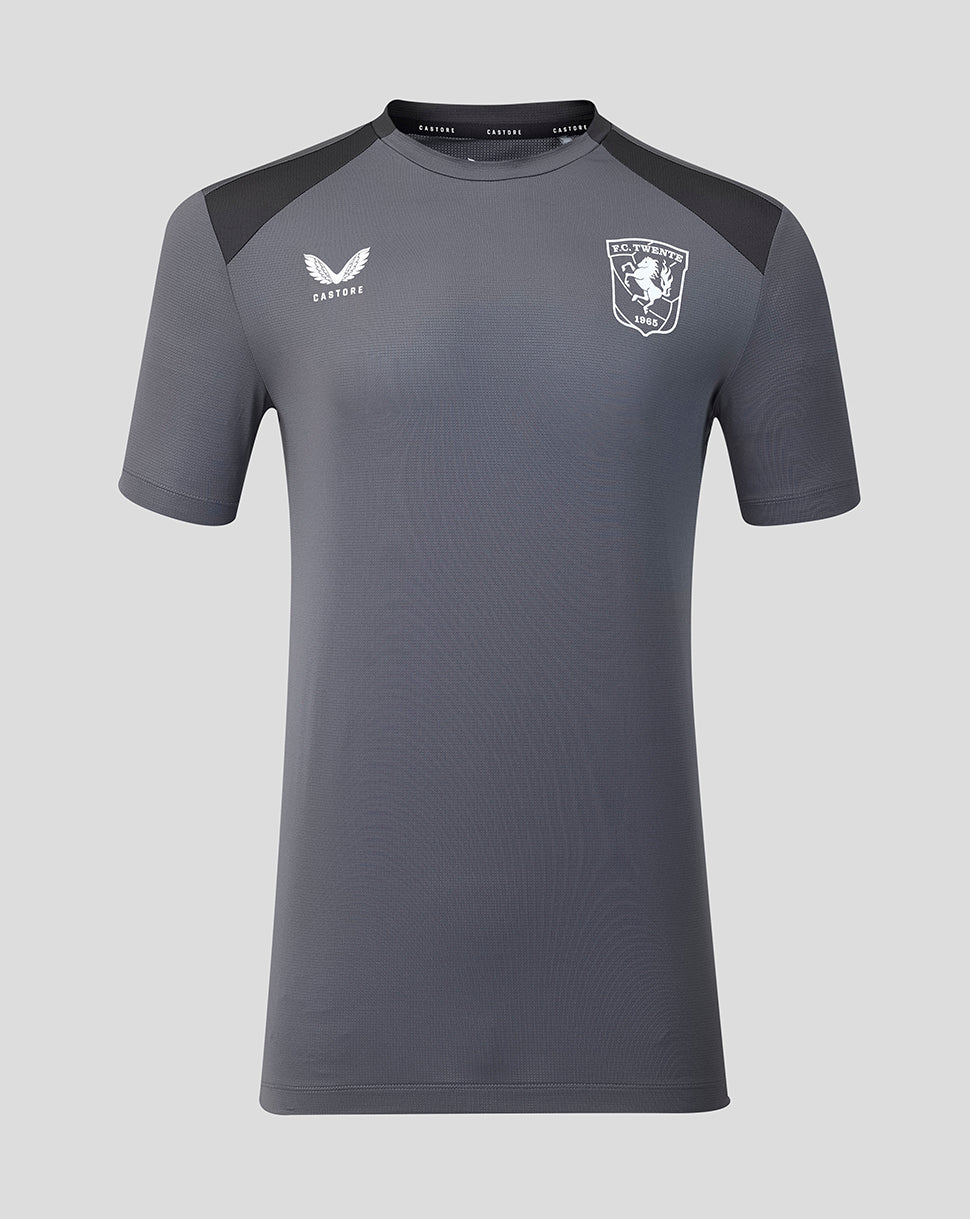 Front view of gunmetal FC Twente 26/27 training shirt with club crest on left chest and black shoulder panels