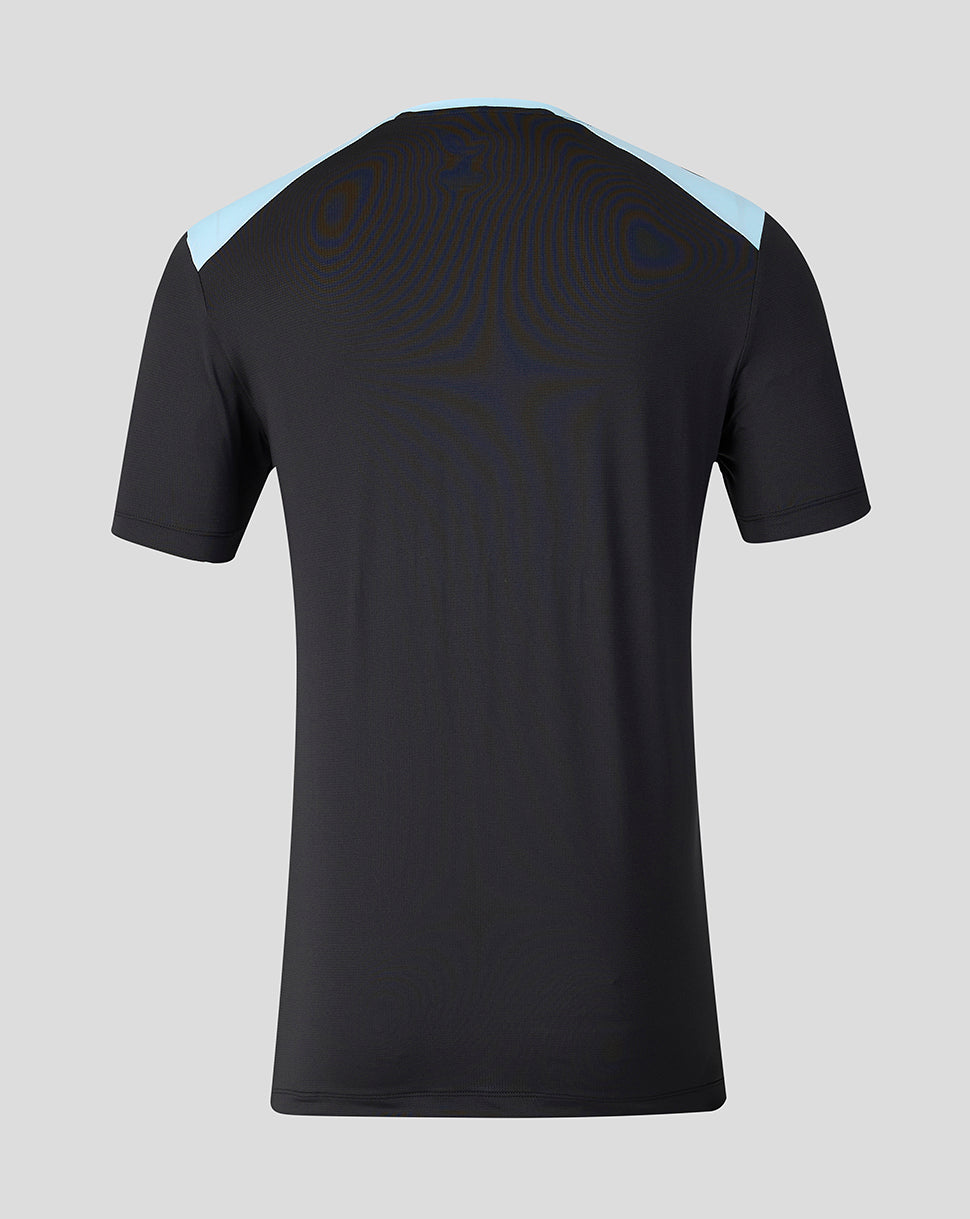 Back view of the black Feyenoord training shirt showing light blue shoulder panels