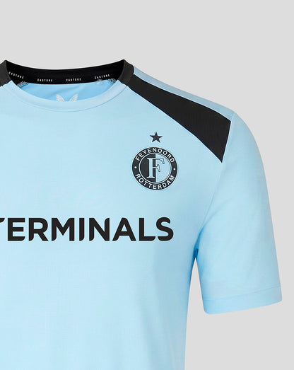 Close up of light blue Feyenoord training shirt showing club crest and bold TERMINALS sponsor text