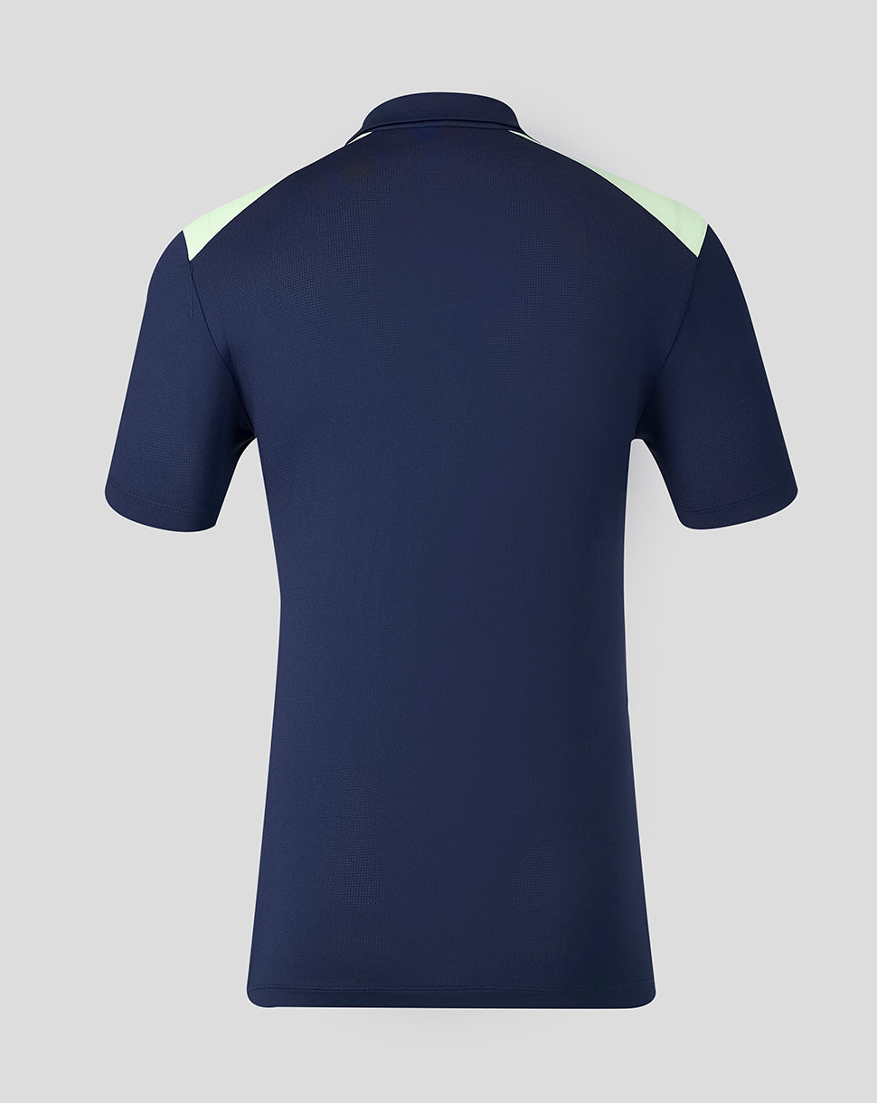 Back view of navy Athletic Club Men's Training Polo Shirt with light mint shoulder panels