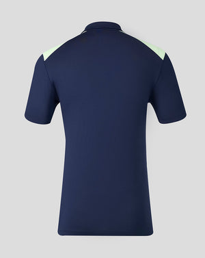Back view of navy Athletic Club Men's Training Polo Shirt with light mint shoulder panels