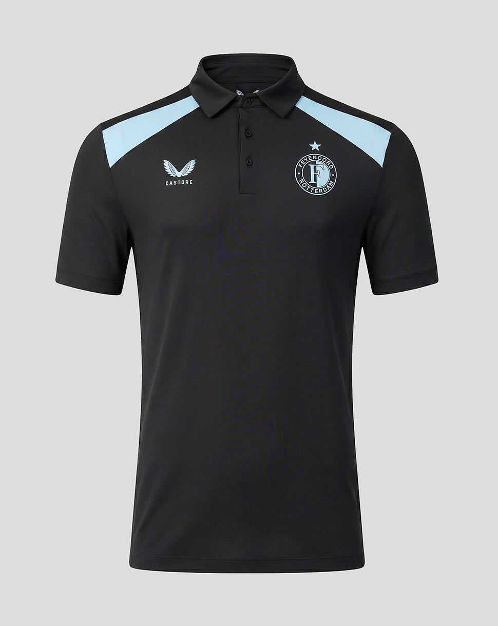 Feyenoord men's 2026-2027 training coaches polo in black with light blue shoulder panels and club crest on chest.