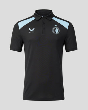 Feyenoord men's 2026-2027 training coaches polo in black with light blue shoulder panels and club crest on chest.