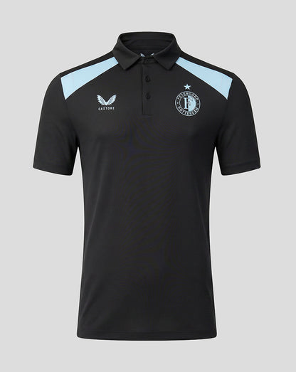 Feyenoord men's 2026-2027 training coaches polo in black with light blue shoulder panels and club crest on chest.