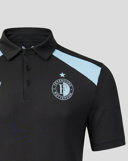 Close up of Feyenoord black training polo showing crest with star and light blue shoulder stripe.