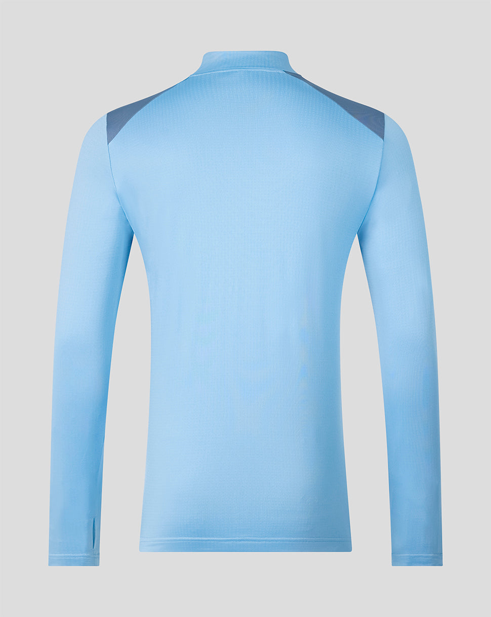 Back view of FC Twente training midlayer in light blue with contrasting shoulder panels