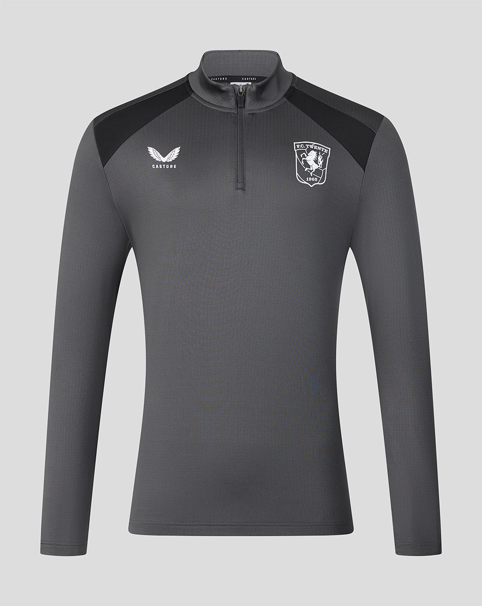 Front view of FC Twente 26/27 Training Coaches Midlayer in gunmetal with funnel neck and team crest