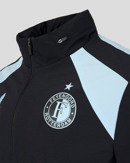 Black Feyenoord training jacket with high collar zip and bold light blue geometric chest panel and club crest on the left