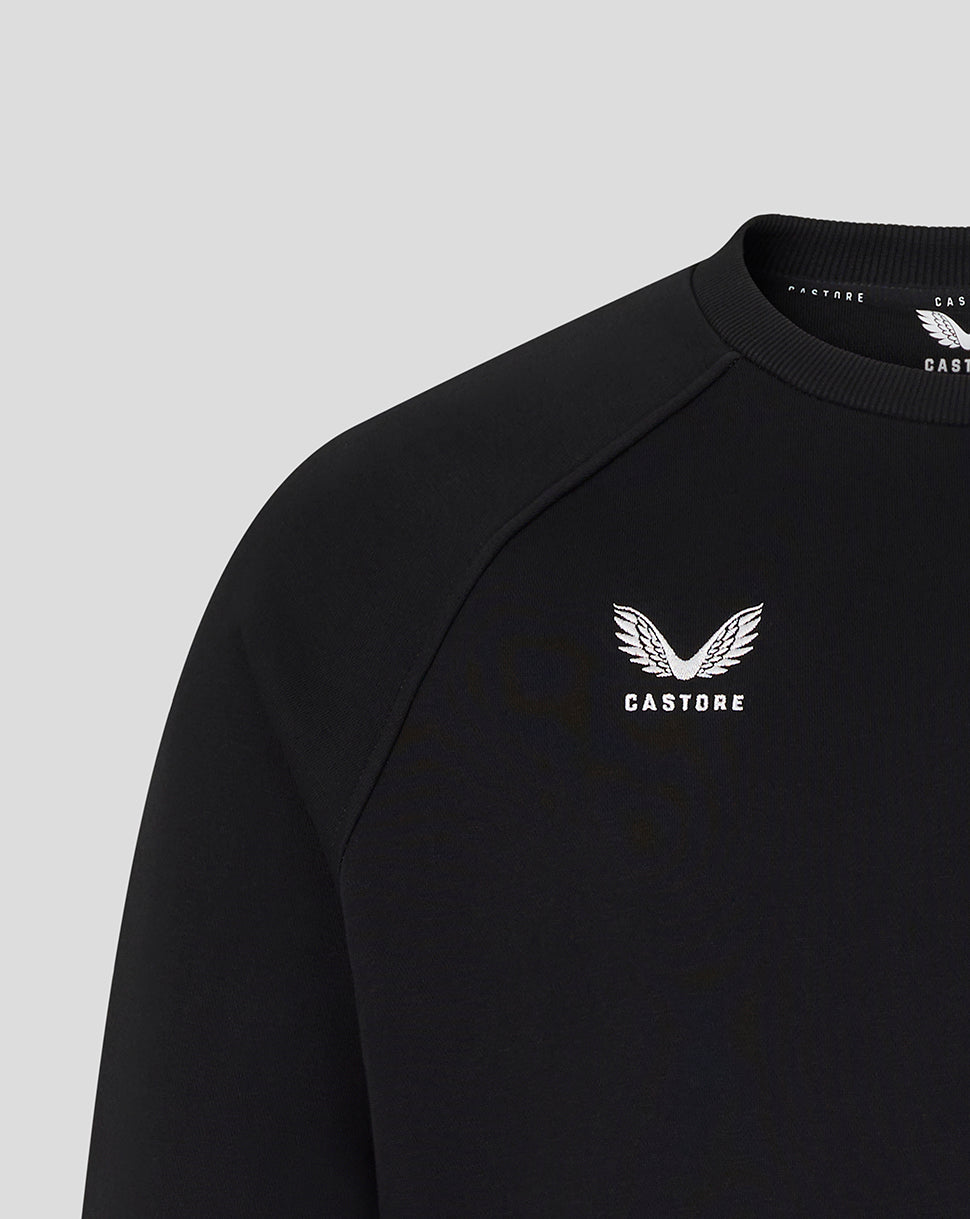 Black sweatshirt with white logo and text on a light gray background