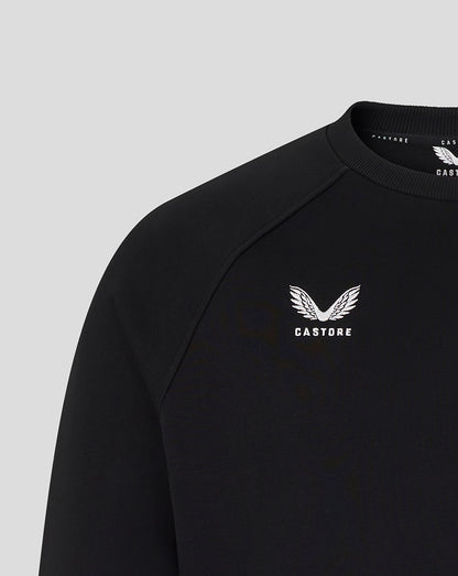 Black sweatshirt with white logo and text on a light gray background