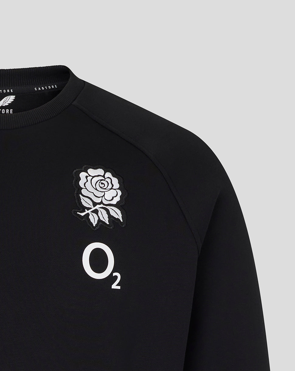 Black sweatshirt with white rose design and 'O2' logo on a light gray background