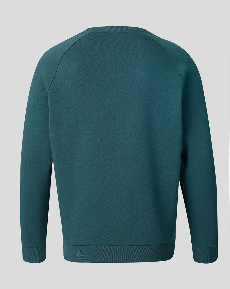 Teal athletic club travel sweatshirt viewed from the back with ribbed hem and cuffs.
