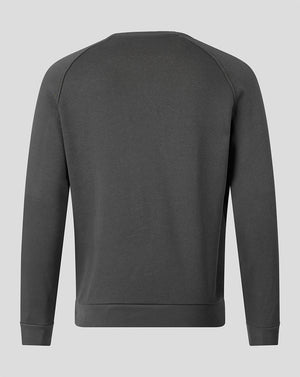 A dark gray crewneck sweatshirt shown from the back, featuring raglan sleeves and ribbed cuffs and hem, displayed on a neutral light gray background.