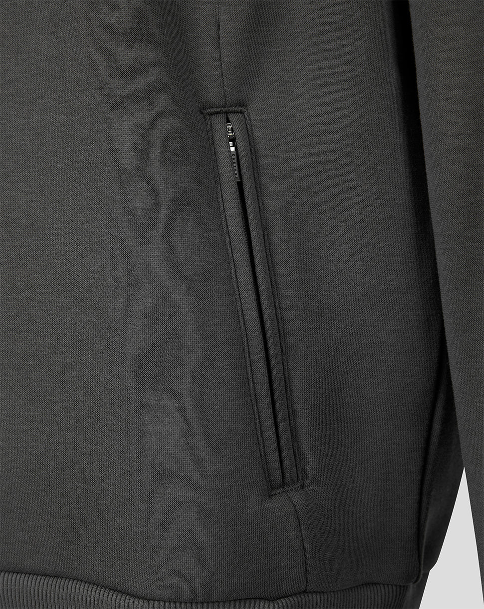 Close-up of a dark gray ribbed knit garment, likely a sweatshirt, showing a vertical zippered pocket on the side.