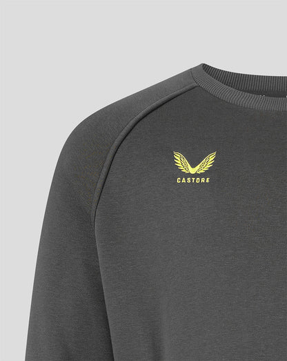 Close-up of a dark gray crewneck sweatshirt featuring a yellow embroidered winged logo and the brand name 'CASTORE' on the chest, set against a light gray background.