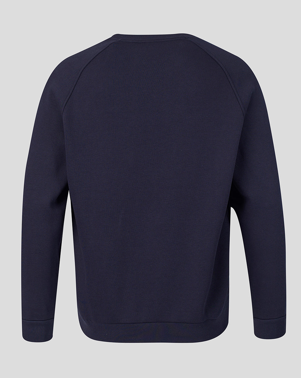 Back view of navy FC Twente Adapt Travel Fleece Sweatshirt with ribbed hem and cuffs.