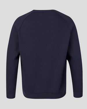 Back view of navy FC Twente Adapt Travel Fleece Sweatshirt with ribbed hem and cuffs.