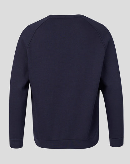 Back view of navy FC Twente Adapt Travel Fleece Sweatshirt with ribbed hem and cuffs.