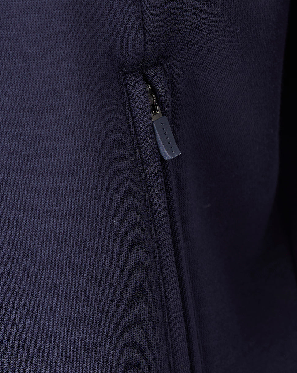 Close-up of navy FC Twente Adapt Travel Fleece Sweatshirt showing a vertical zipper.