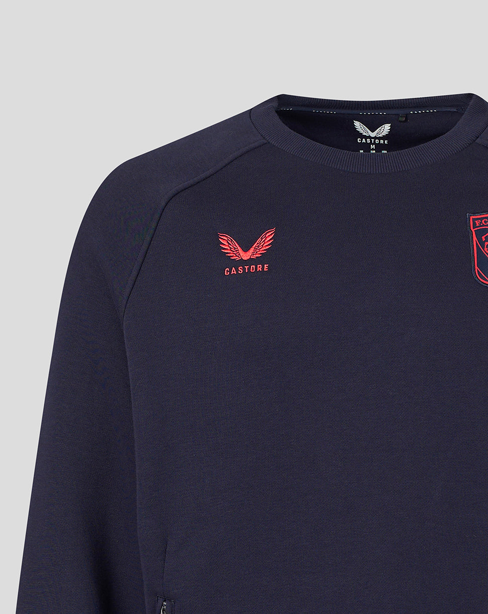 Navy FC Twente Adapt Travel Fleece Sweatshirt front with red Castore logo and club crest on the chest.