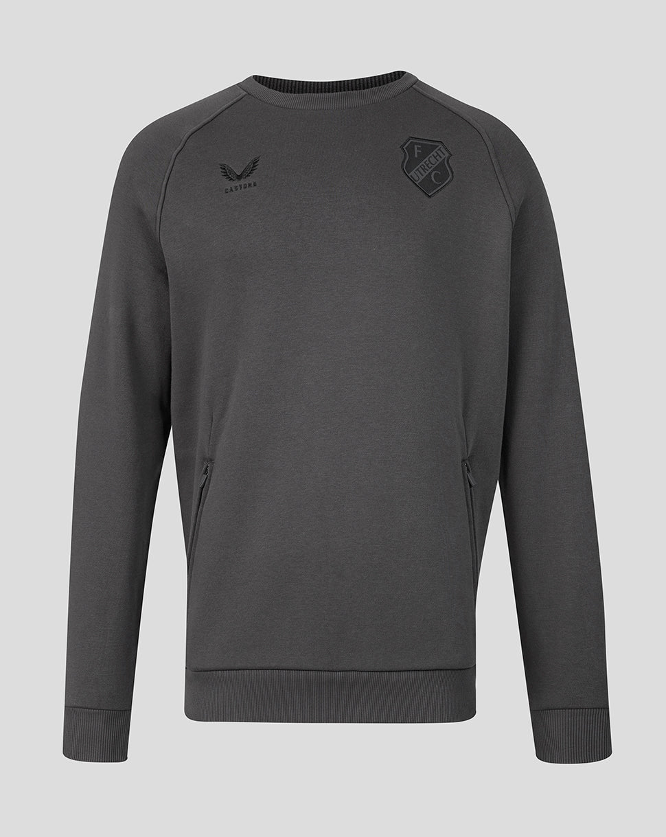 Front view of dark gray FC Utrecht Adapt Travel Fleece Sweatshirt with club crest and small emblem