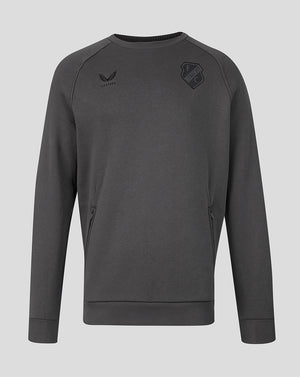Front view of dark gray FC Utrecht Adapt Travel Fleece Sweatshirt with club crest and small emblem