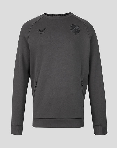 Front view of dark gray FC Utrecht Adapt Travel Fleece Sweatshirt with club crest and small emblem