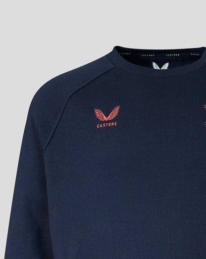 Navy blue sweatshirt with a red logo on a light gray background
