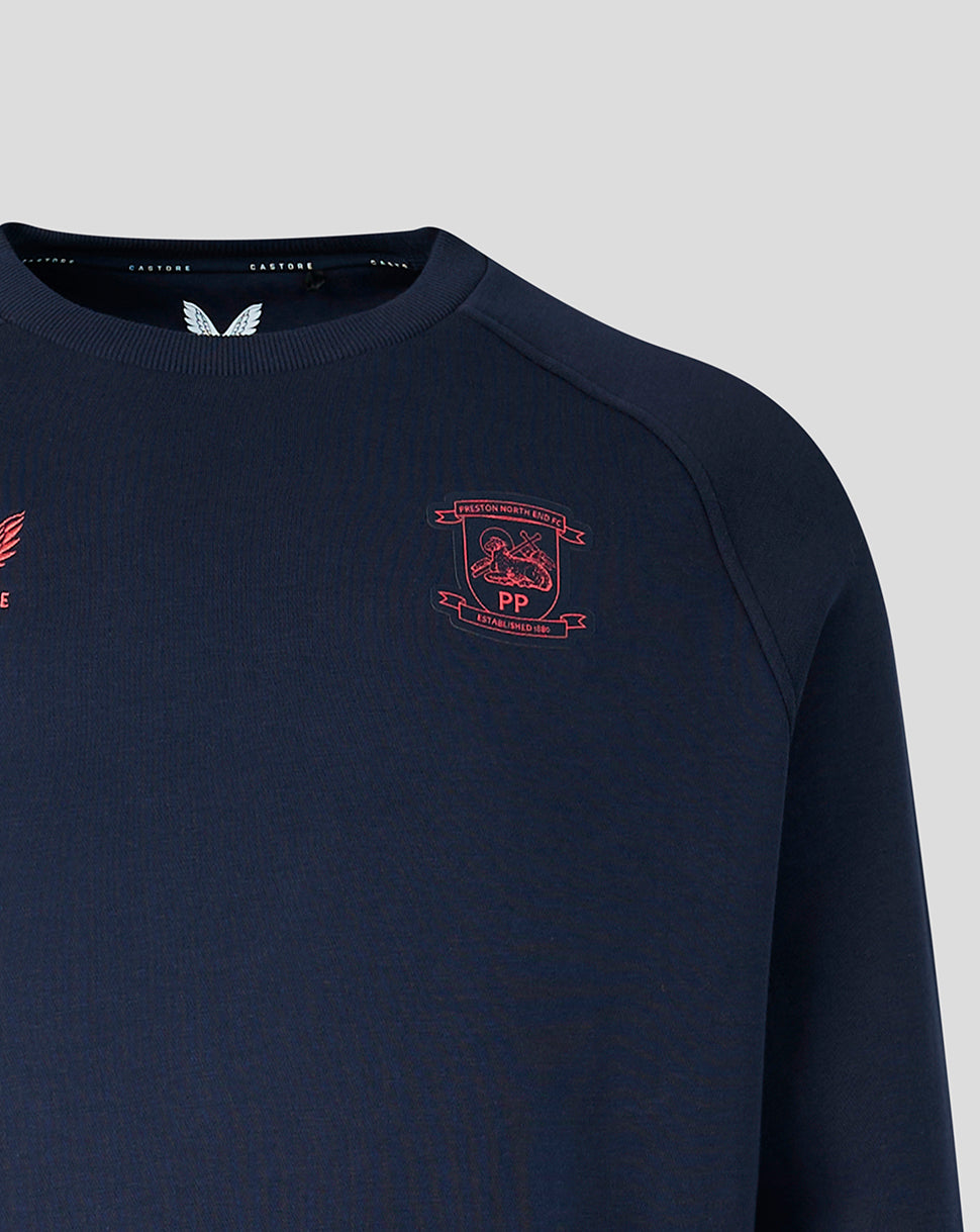 Black sweatshirt with white logo on a gray background