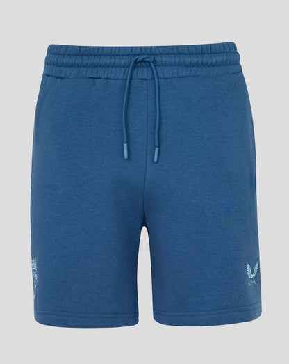 Blue shorts with a drawstring on a light gray background