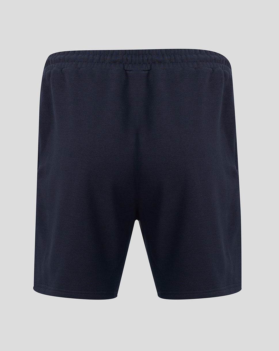 Back view of navy FC Twente travel fleece shorts with an elastic waistband.