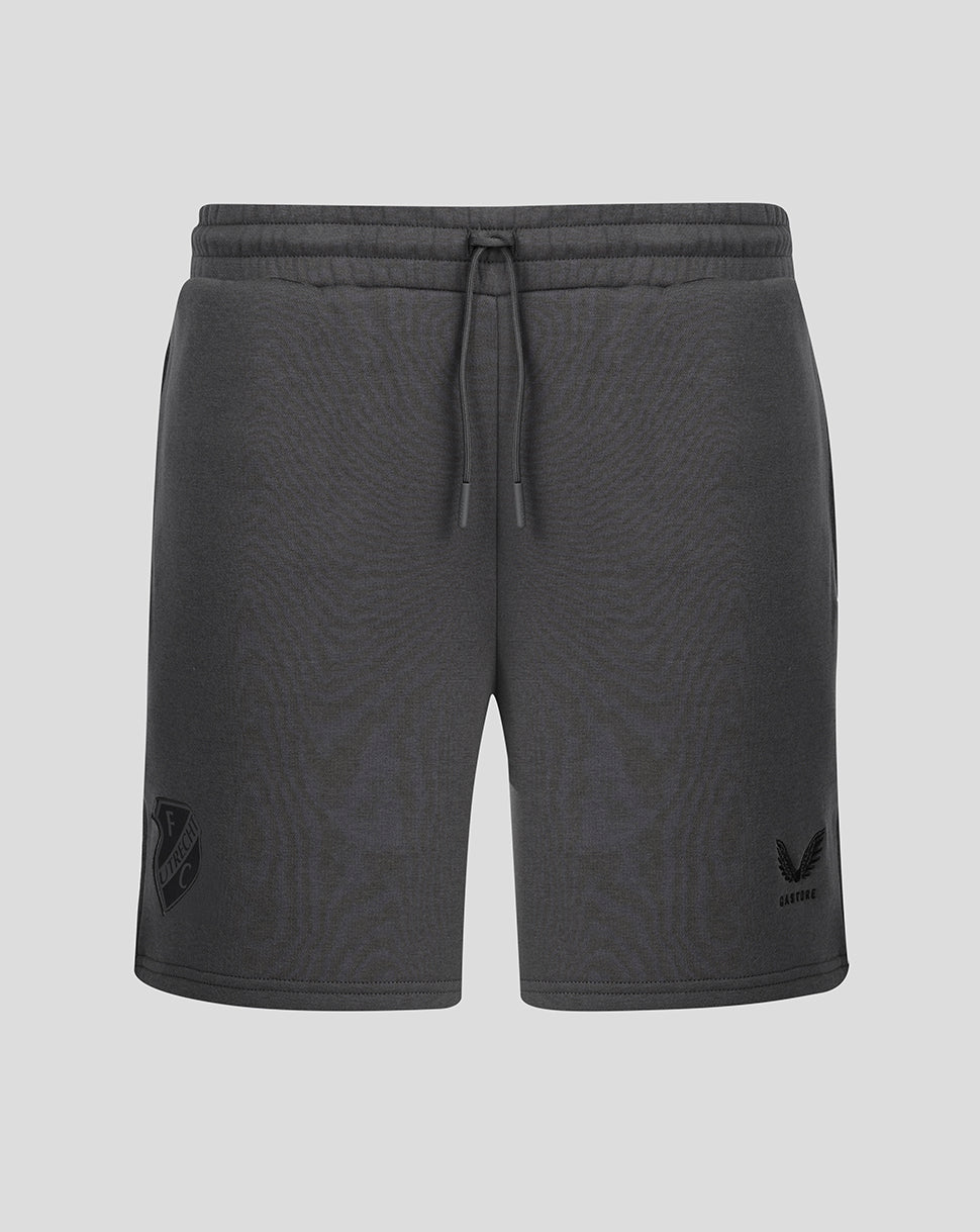 Dark grey FC Utrecht travel fleece shorts with drawstring waist and left leg team crest.