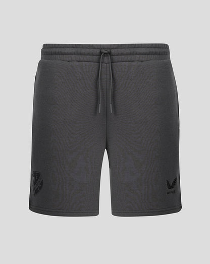Dark grey FC Utrecht travel fleece shorts with drawstring waist and left leg team crest.