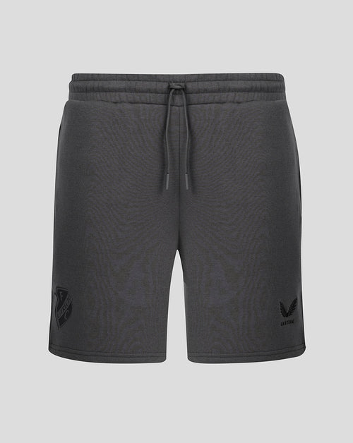 Dark grey FC Utrecht travel fleece shorts with drawstring waist and left leg team crest.