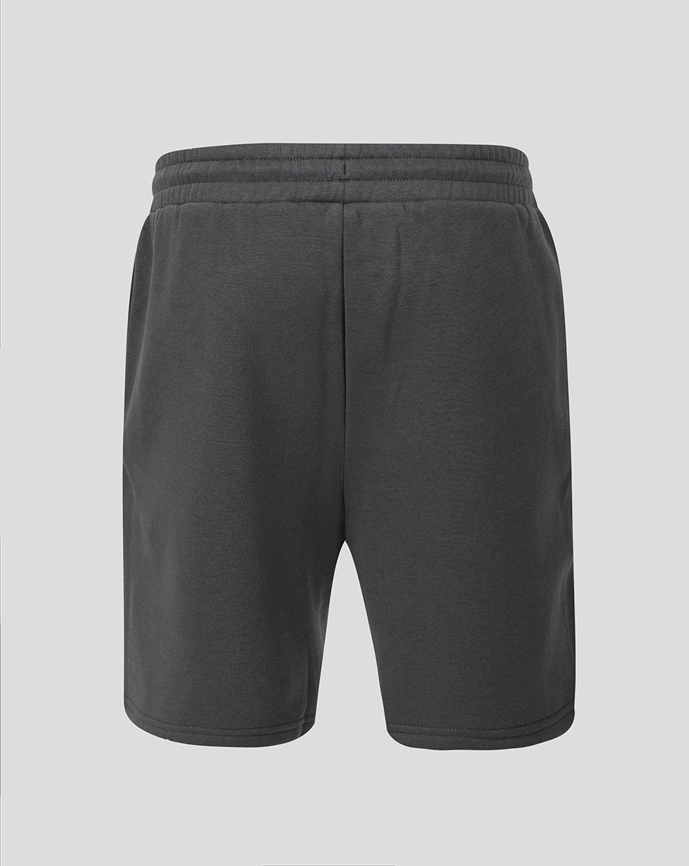 Back view of dark gray Travel Fleece Shorts with an elastic waistband.
