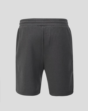 Back view of dark gray Travel Fleece Shorts with an elastic waistband.