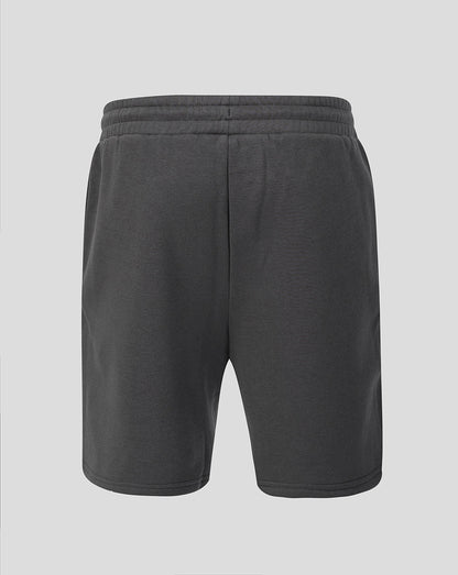 Back view of dark gray Travel Fleece Shorts with an elastic waistband.