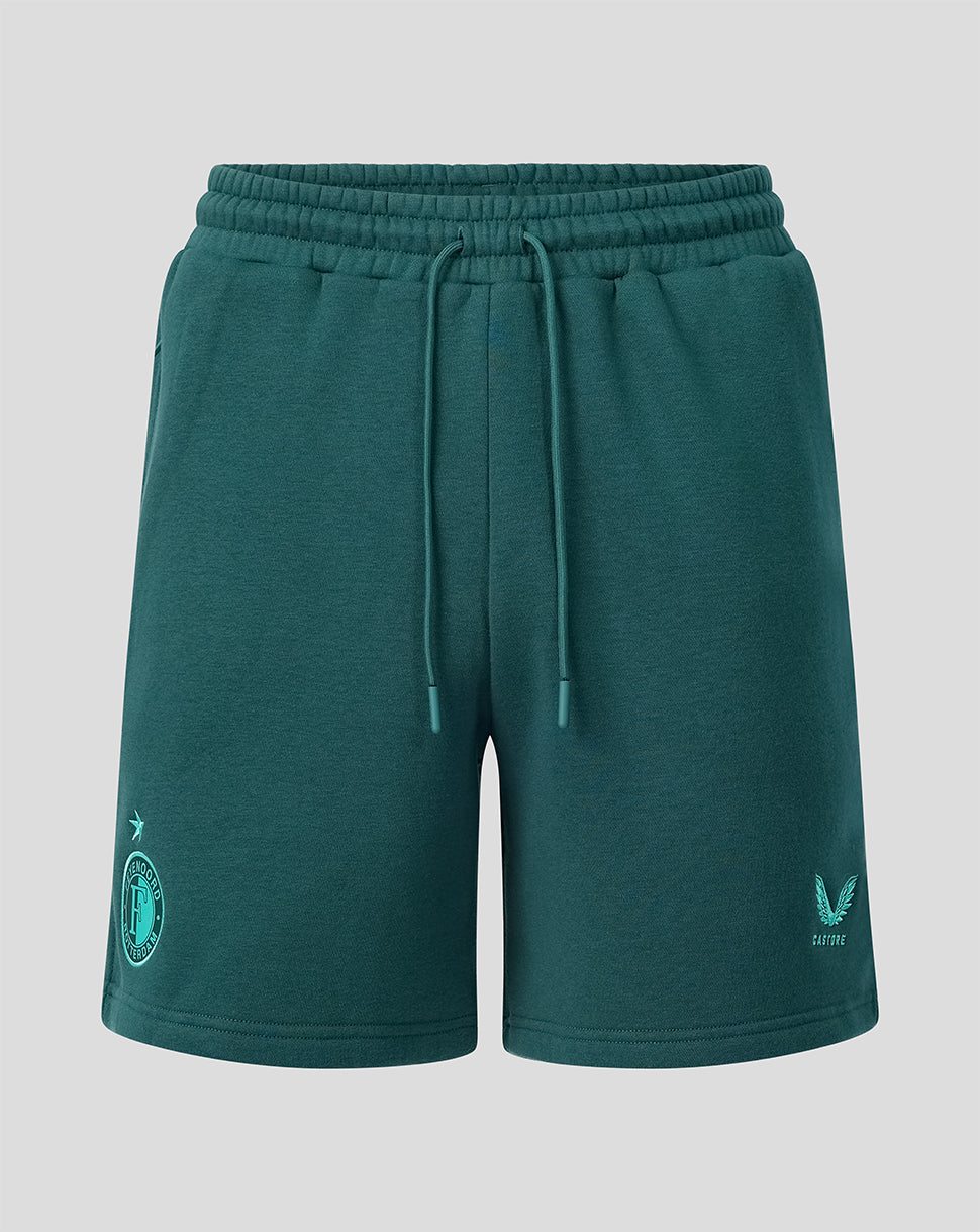 Front view of green Feyenoord travel fleece shorts with a drawstring waist and left leg logo.