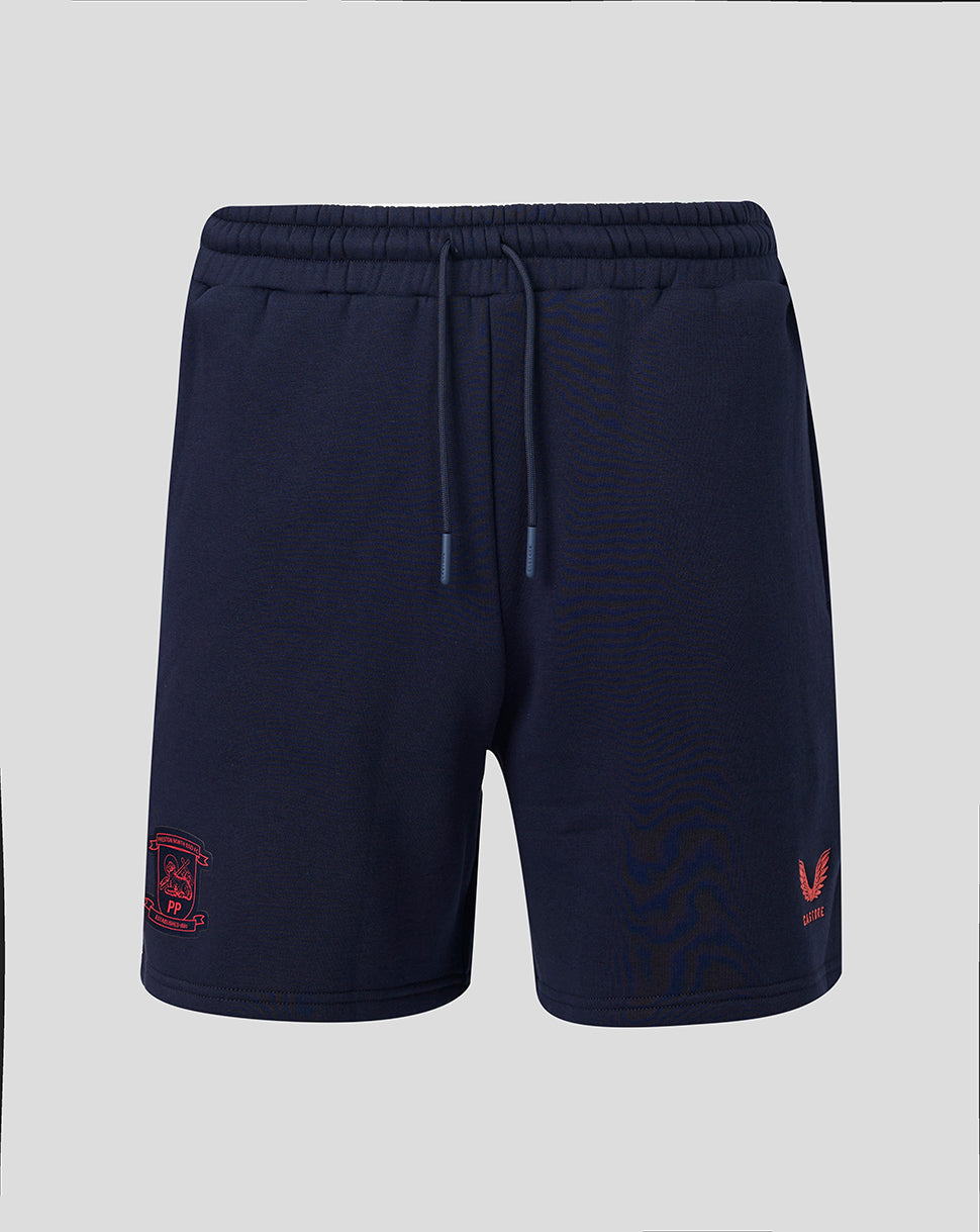 Navy blue shorts with red logos on a light gray background