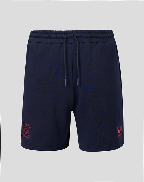 Navy blue shorts with red logos on a light gray background