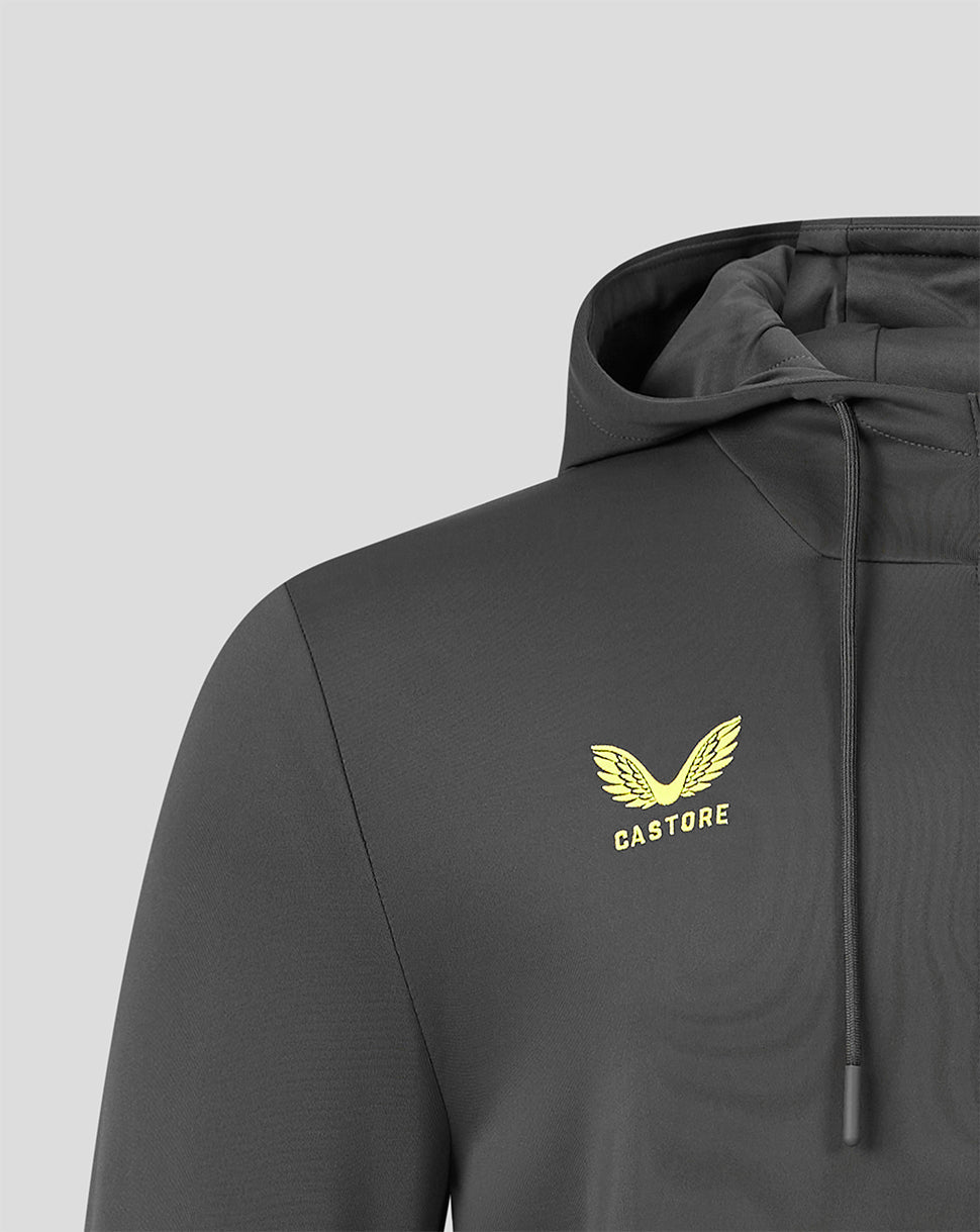 A close-up of a dark gray hooded sweatshirt featuring a gold winged logo and the brand name 'CASTORE' printed on the left chest, set against a solid light gray background.