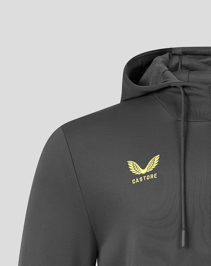 A close-up of a dark gray hooded sweatshirt featuring a gold winged logo and the brand name 'CASTORE' printed on the left chest, set against a solid light gray background.